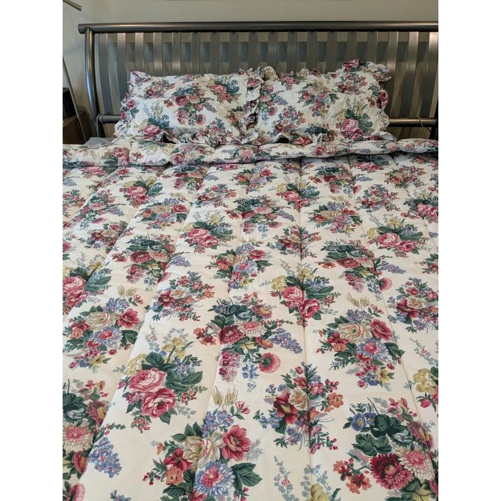 RALPH LAUREN Elaine Set Floral Quilted Queen Comforter + 2 Ruffle Shams